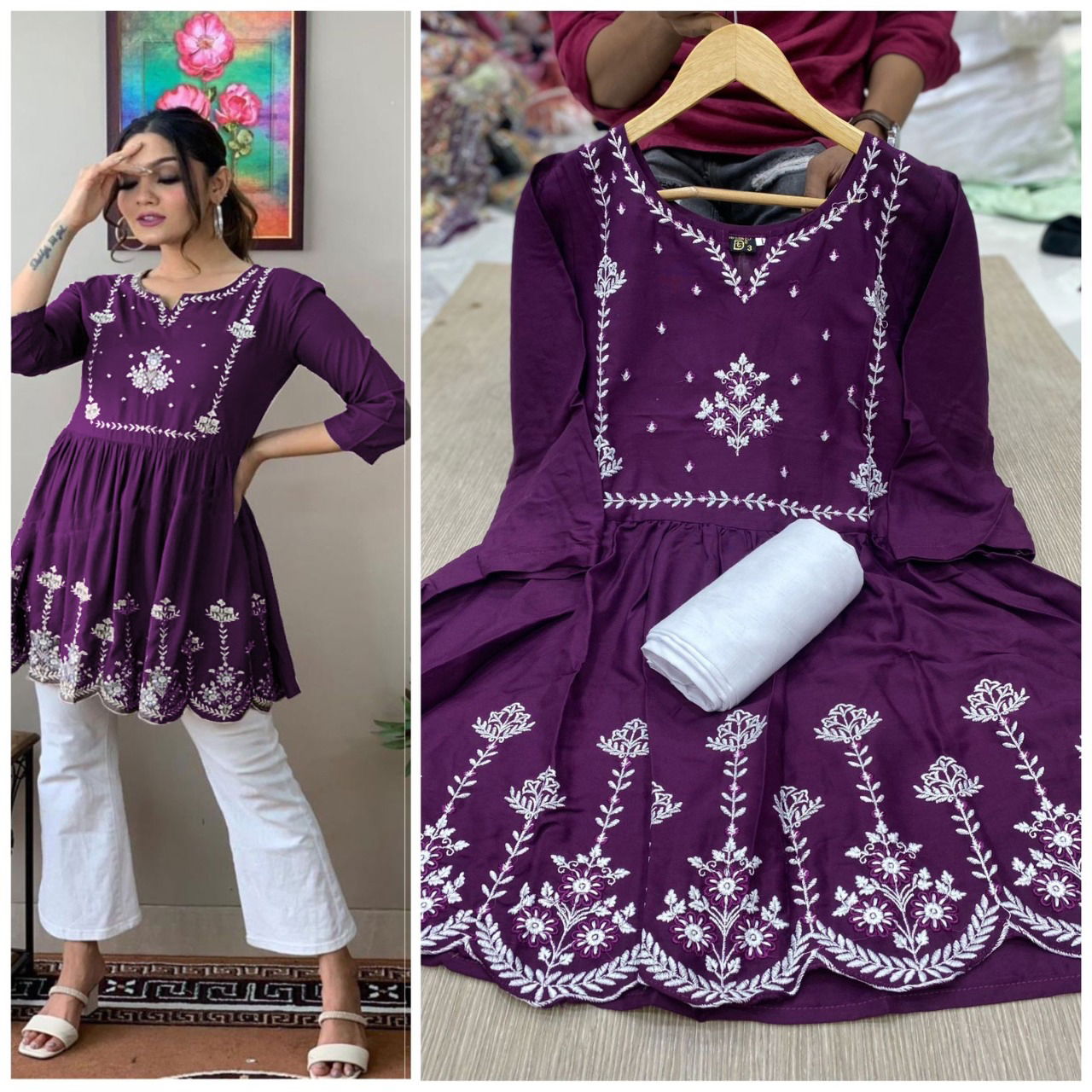 Nascafe Rayon Cotton Embroidered Top With Bottom Catalog